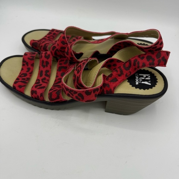 Fly London Sandal Womens Size 41 US 10 Red Leopard Print Comfort Heels slingback - Picture 2 of 5